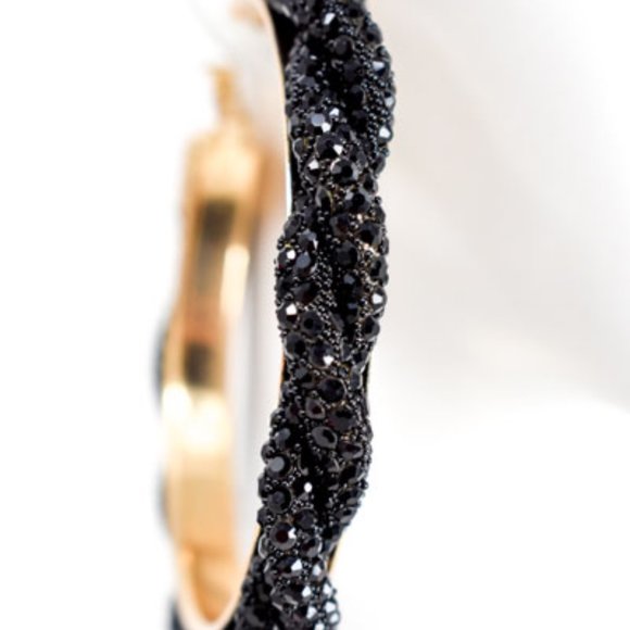 3" Boho Braid Twist Black Rhinestone Hoop Earrings - Picture 9 of 12